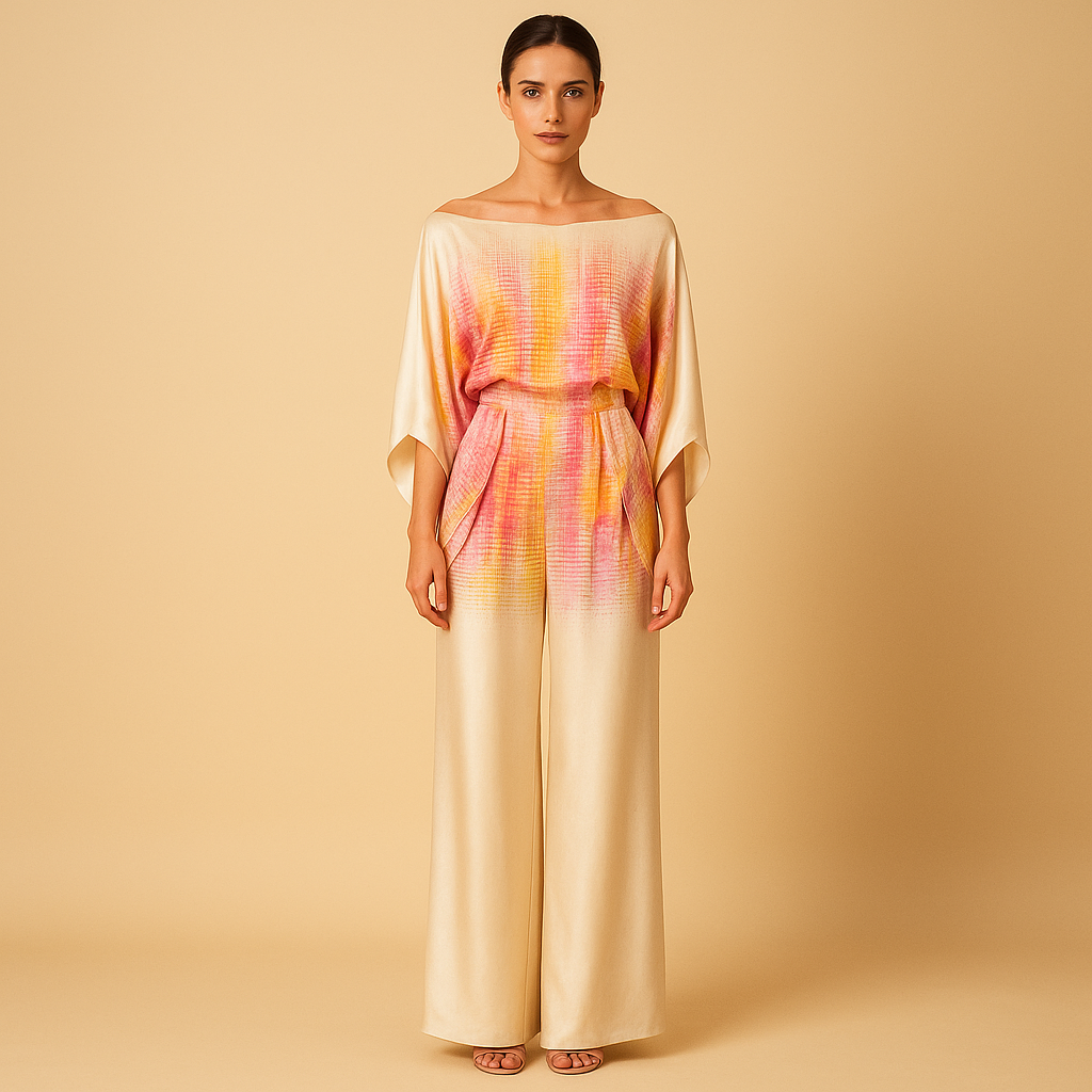 Two-piece summer set for women with off-shoulder balloon-sleeve top and wide-leg pants, perfect for vacations, dinners, and everyday wear.