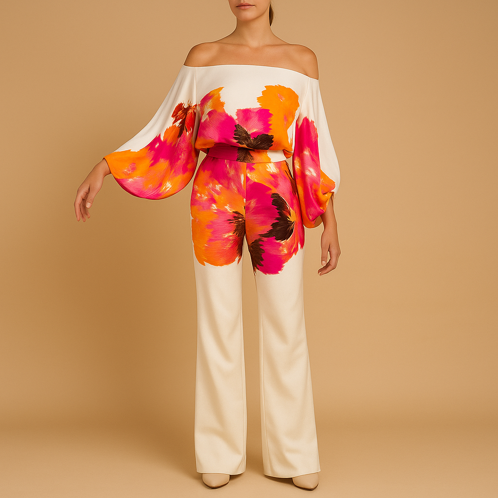 Two-piece summer set for women with off-shoulder balloon-sleeve top and wide-leg pants, perfect for vacations, dinners, and everyday wear.