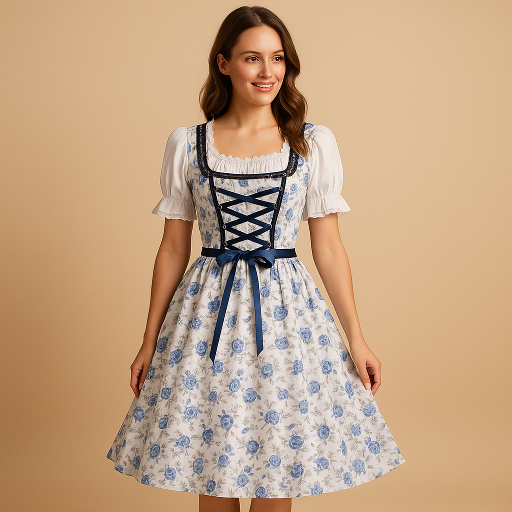 Oktoberfest dirndl dress for women in blue with lace accents and apron, perfect for traditional celebrations and festive occasions.