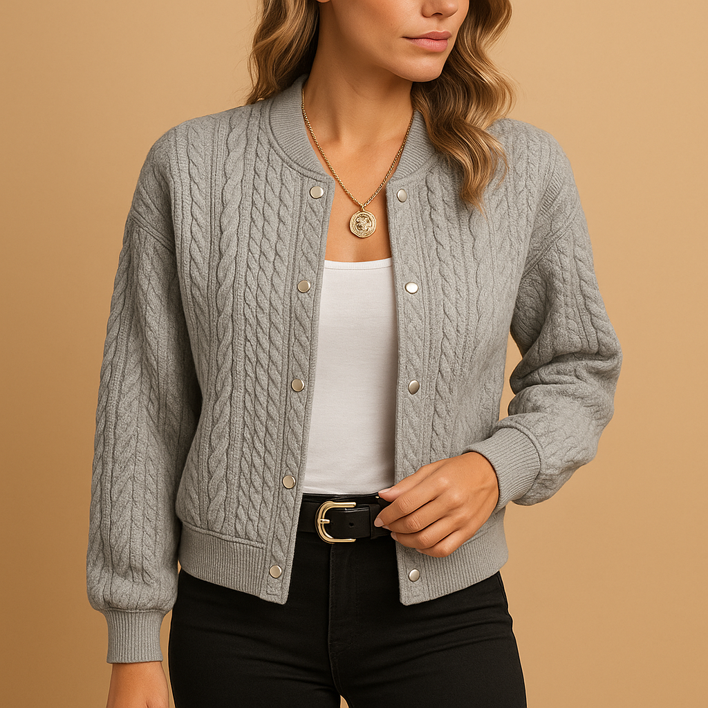 Women’s open-front cardigan in grey with flattering fit and modern cut. Perfect for work, brunch, or casual evening wear.
