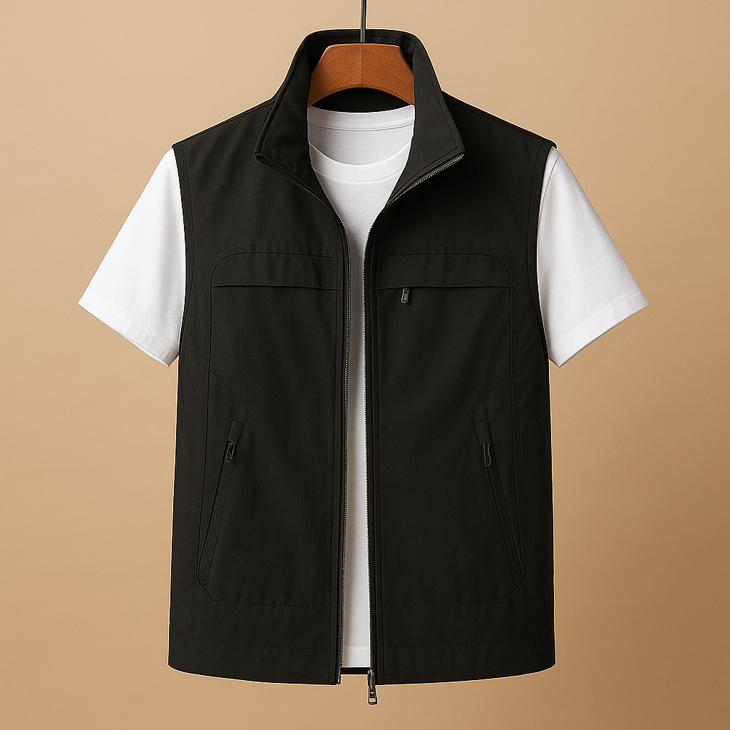 Men’s lightweight outdoor cardigan with breathable mesh fabric, short sleeves, and multiple pockets, perfect for hiking, fishing, or camping.
