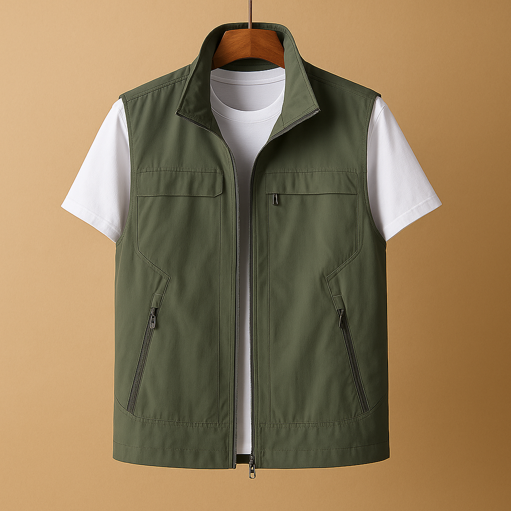 Men’s lightweight outdoor cardigan with breathable mesh fabric, short sleeves, and multiple pockets, perfect for hiking, fishing, or camping.