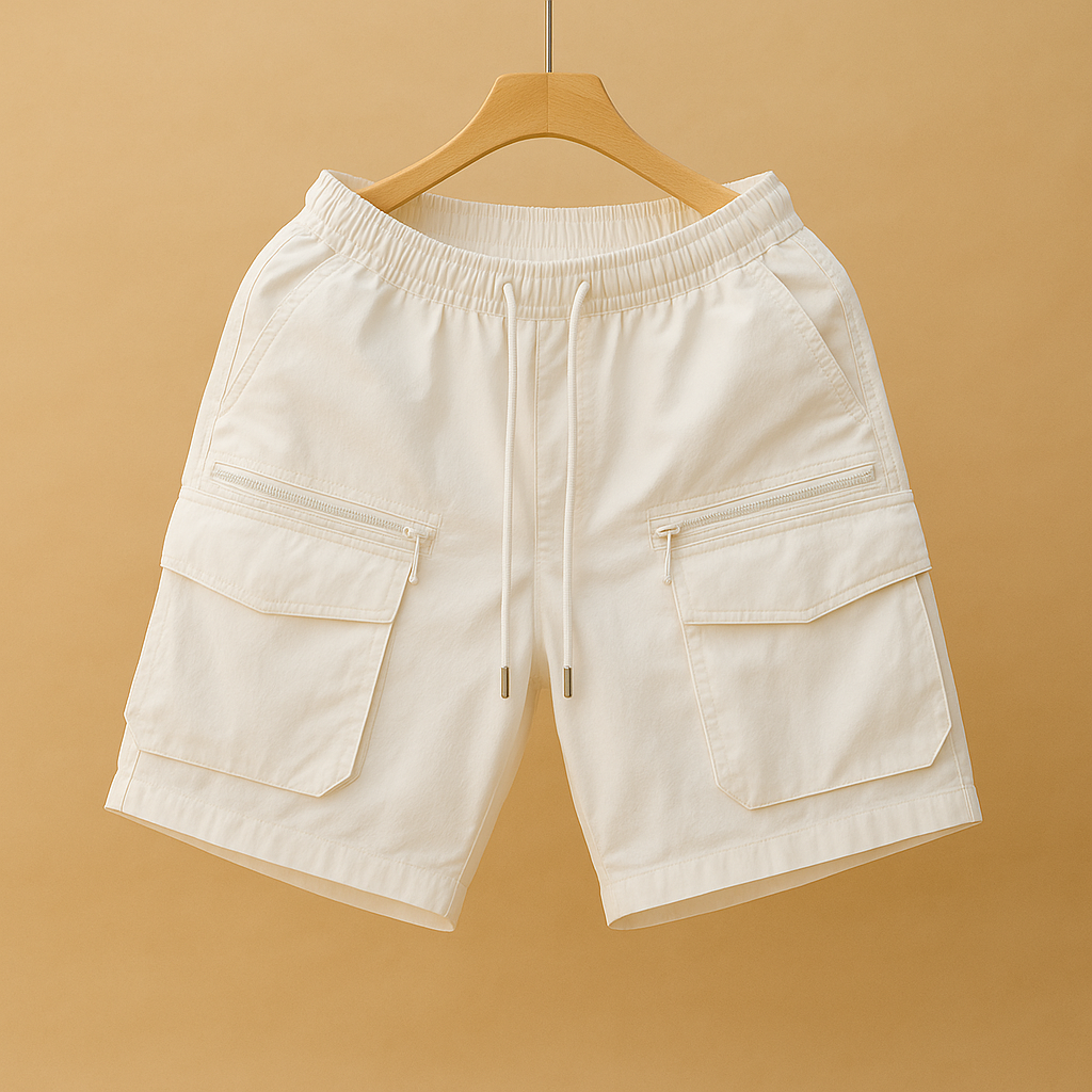 Men wearing Ryan oversized cargo shorts with multiple functional pockets, quick-dry lightweight design perfect for outdoor and summer wear.