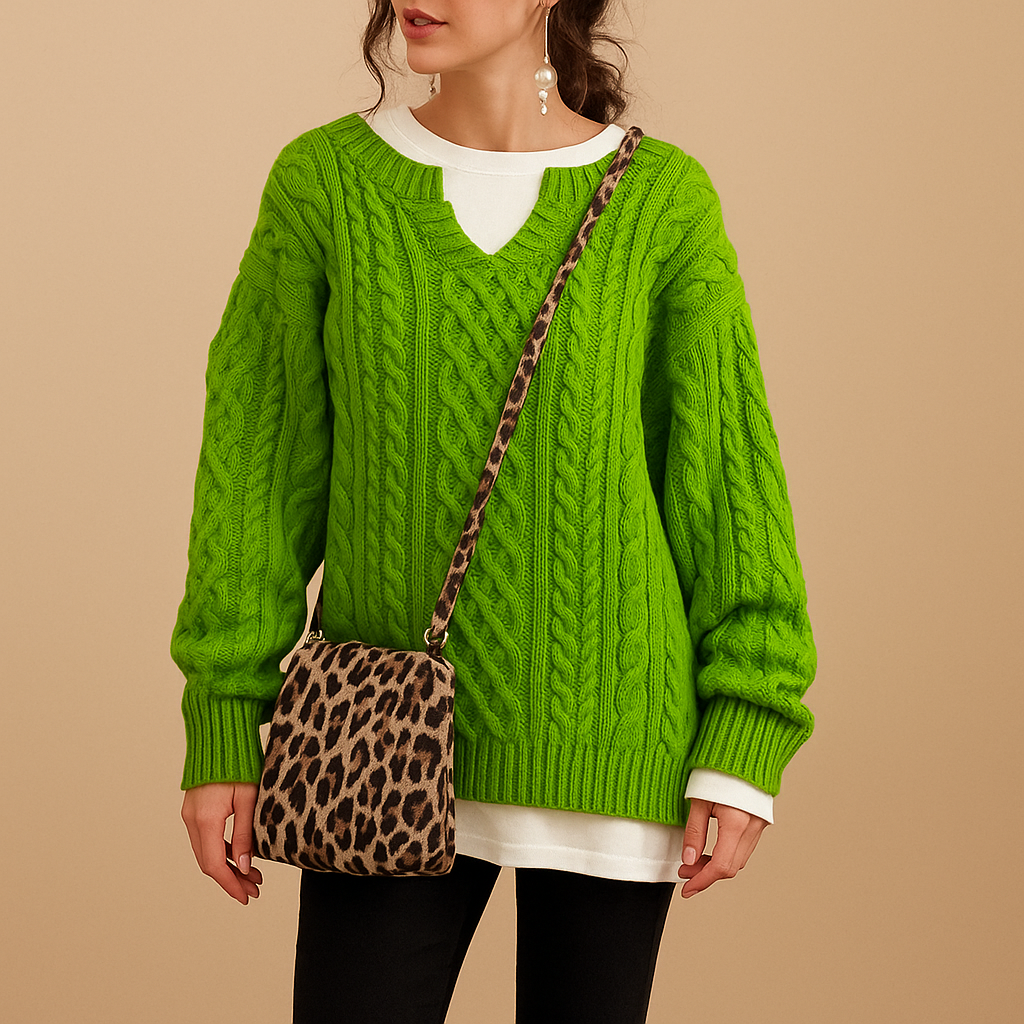 Women’s oversized chunky knit sweater with dropped shoulders, extra-long sleeves, and a modern round neckline. Perfect for casual and layered winter outfits.