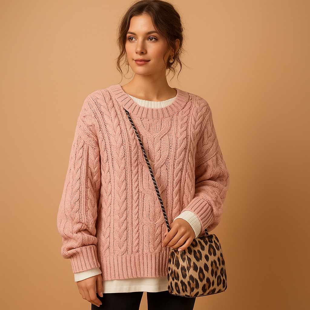 Women’s oversized chunky knit sweater with dropped shoulders, extra-long sleeves, and a modern round neckline. Perfect for casual and layered winter outfits.
