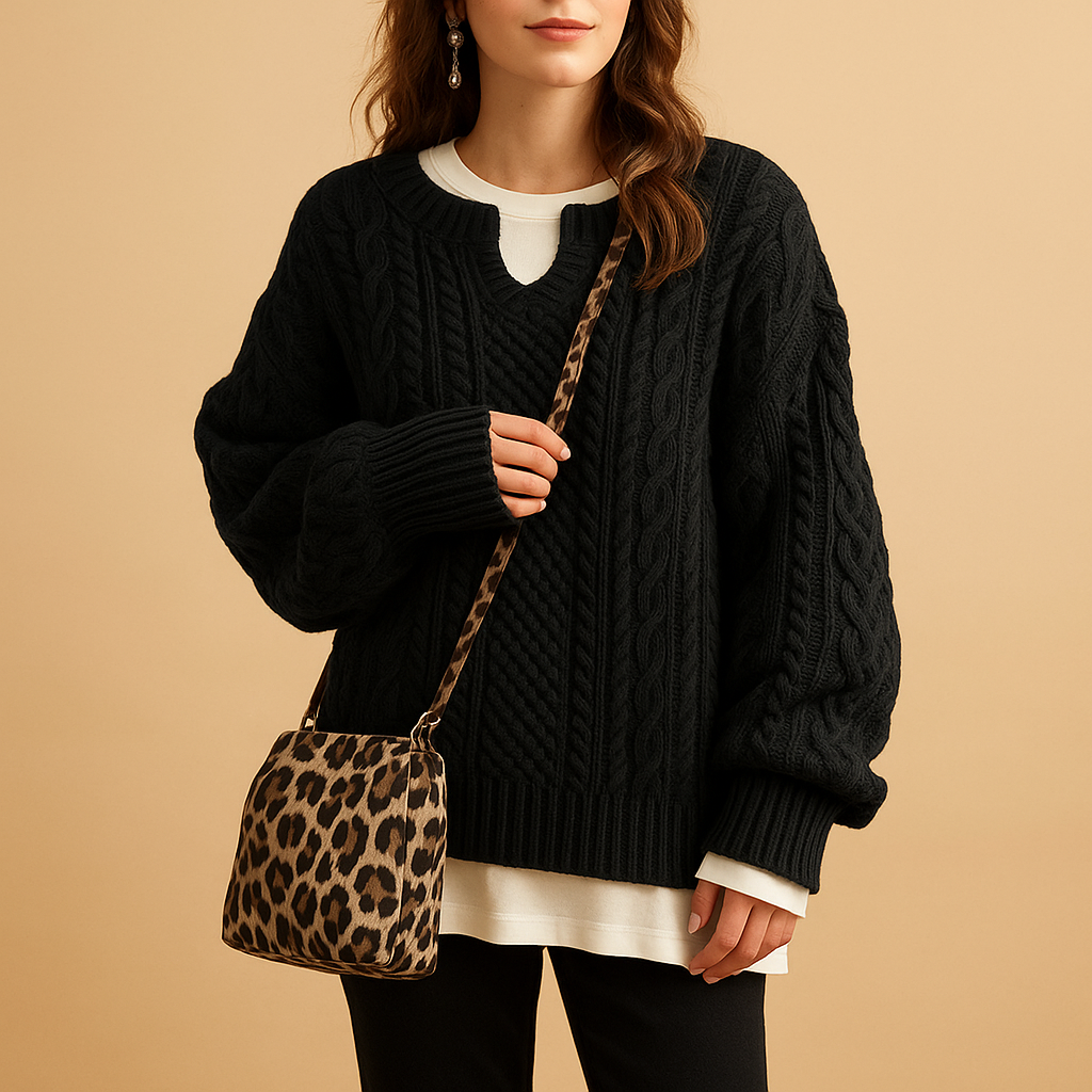 Women’s oversized chunky knit sweater with dropped shoulders, extra-long sleeves, and a modern round neckline. Perfect for casual and layered winter outfits.