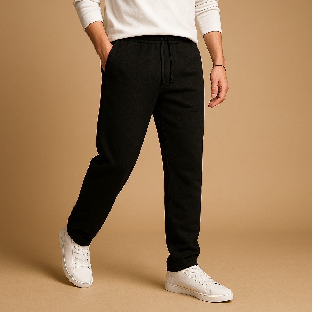 Men wearing Ethan oversized wide-leg joggers with adjustable drawstring waist, soft and durable cotton design ideal for casual and lounge wear.