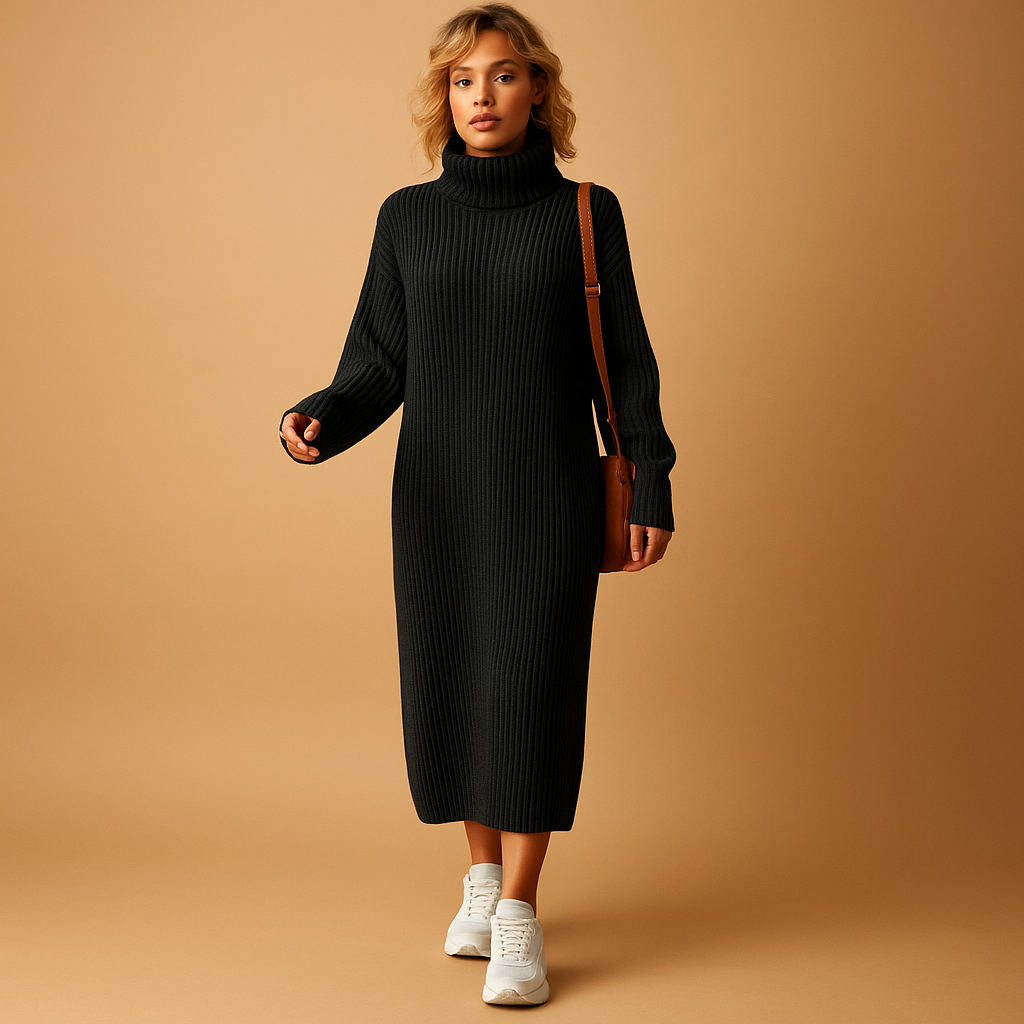 Women’s oversized knitted sweater dress with long sleeves and loose fit, perfect for autumn walks, cozy days, and winter comfort.