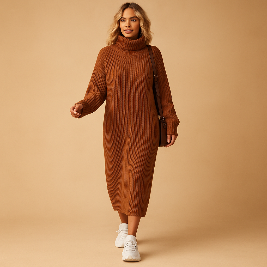 Women’s oversized knitted sweater dress with long sleeves and loose fit, perfect for autumn walks, cozy days, and winter comfort.