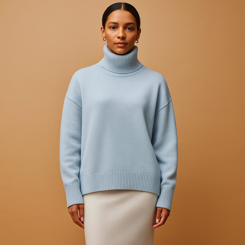 Women’s oversized turtleneck sweater with relaxed fit and flattering silhouette, available in multiple colors. Ideal for casual, lounge, or seasonal outfits.