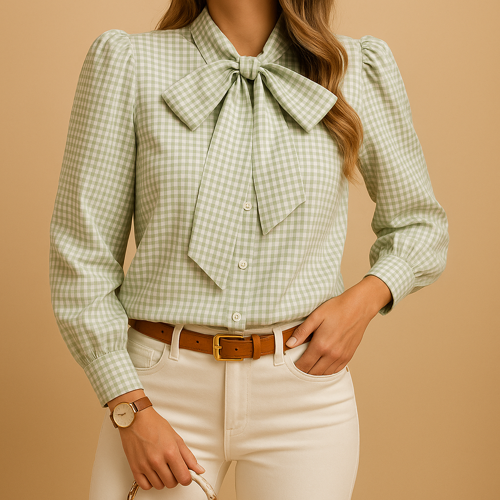 Women’s plaid blouse with bow detail, made from premium breathable fabric, perfect for work, brunch, or elegant casual outfits.
