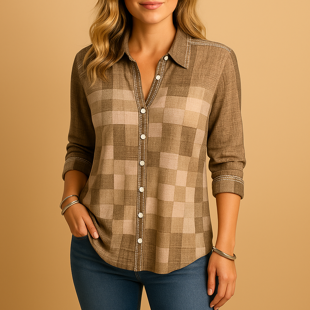 Women’s plaid check blouse with relaxed fit and breathable fabric, perfect for everyday wear and semi-formal occasions.
