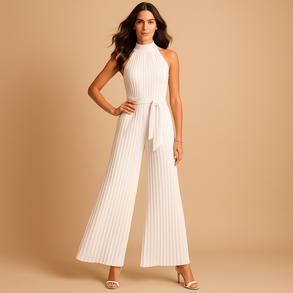 Elegant pleated high-neck jumpsuit for women with wide legs and waist belt, perfect for formal events, parties, or stylish daytime outings.