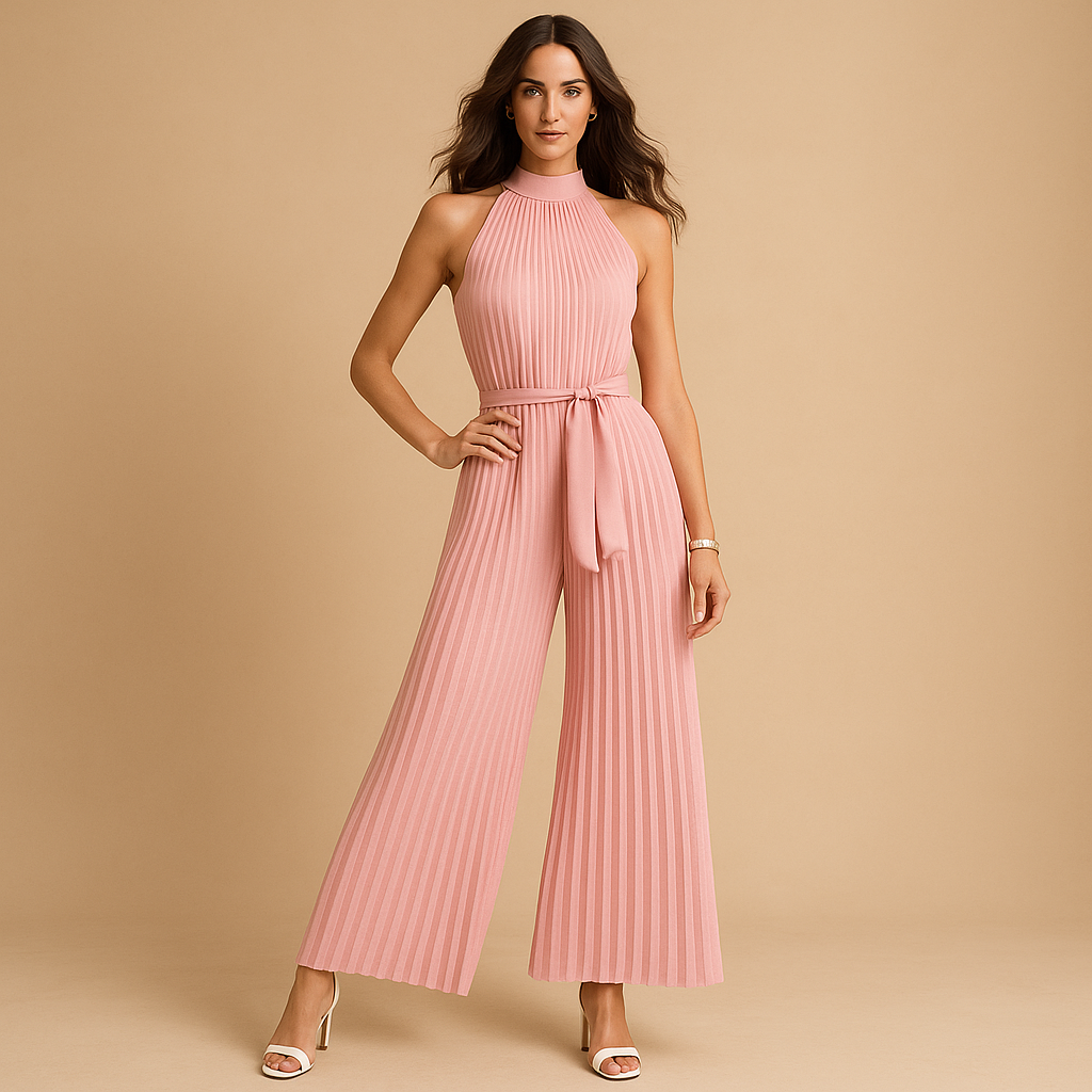 Elegant pleated high-neck jumpsuit for women with wide legs and waist belt, perfect for formal events, parties, or stylish daytime outings.
