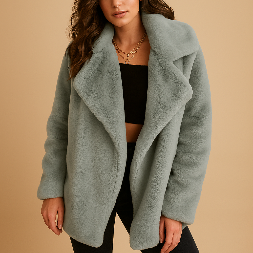 Plush winter coat for women with lapel collar and medium-length fit, ideal for warm and stylish winter outfits.