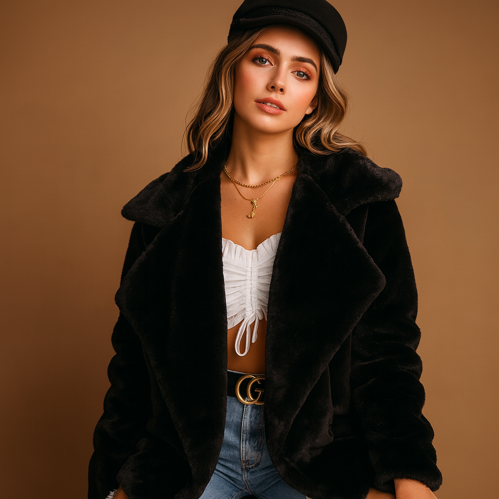 Plush winter coat for women with lapel collar and medium-length fit, ideal for warm and stylish winter outfits.