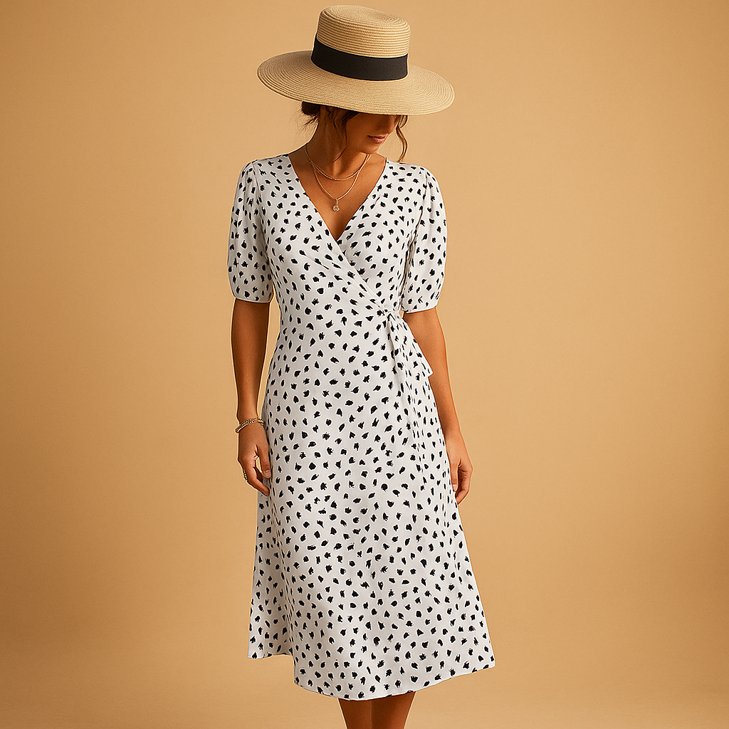 Polka dot summer dress for women with crossed V-neckline and flattering slit, perfect for beach days and casual summer events.