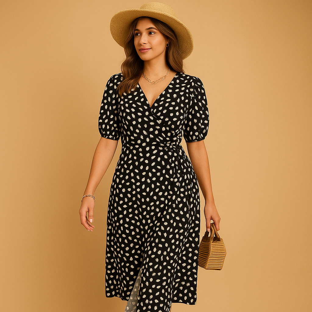 Polka dot summer dress for women with crossed V-neckline and flattering slit, perfect for beach days and casual summer events.