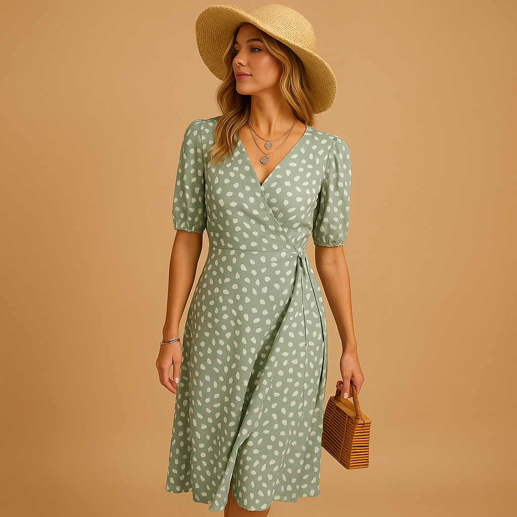 Polka dot summer dress for women with crossed V-neckline and flattering slit, perfect for beach days and casual summer events.
