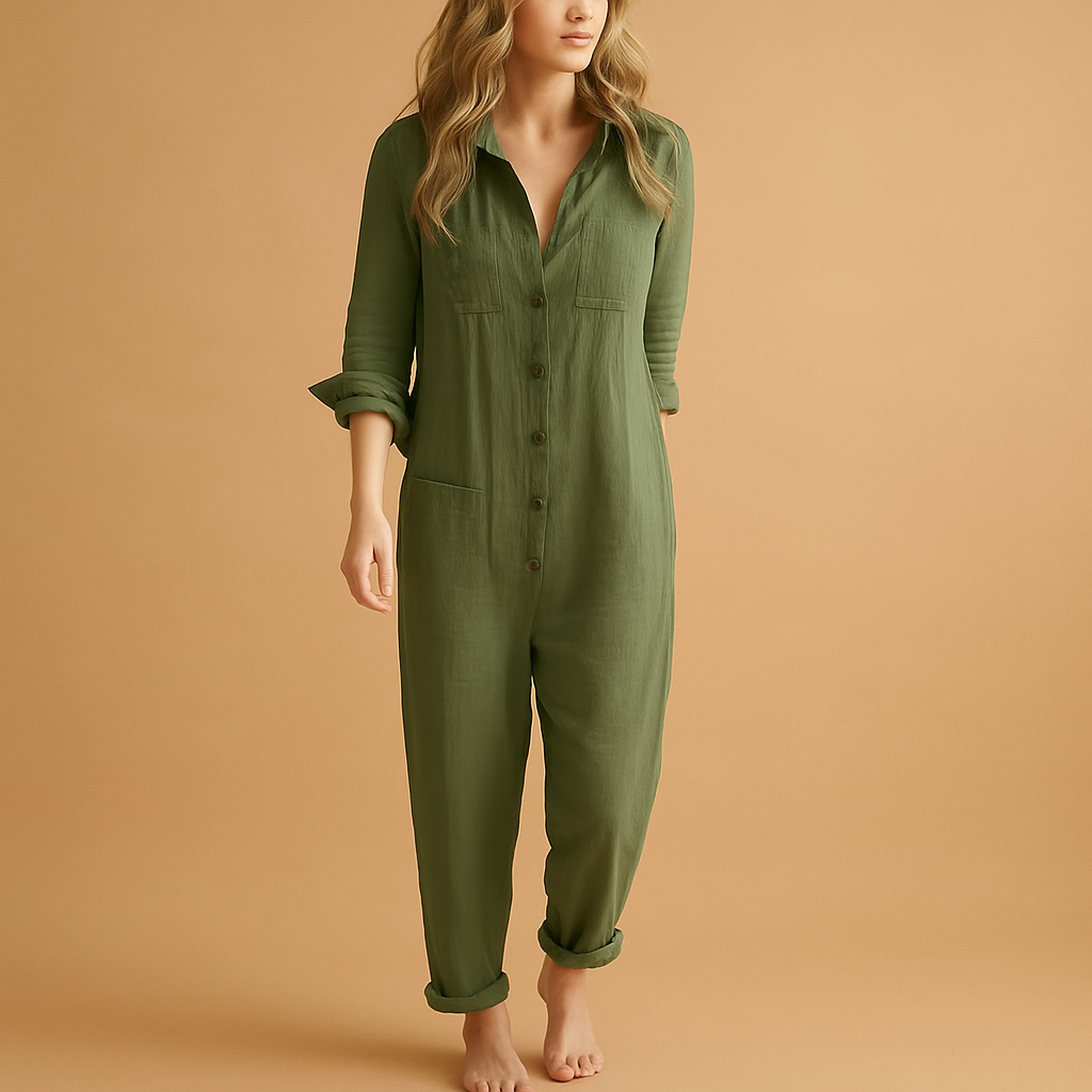 Elegant women’s polo jumpsuit with tailored fit, classic collar, and tapered legs, perfect for work, casual events, or sophisticated everyday looks.