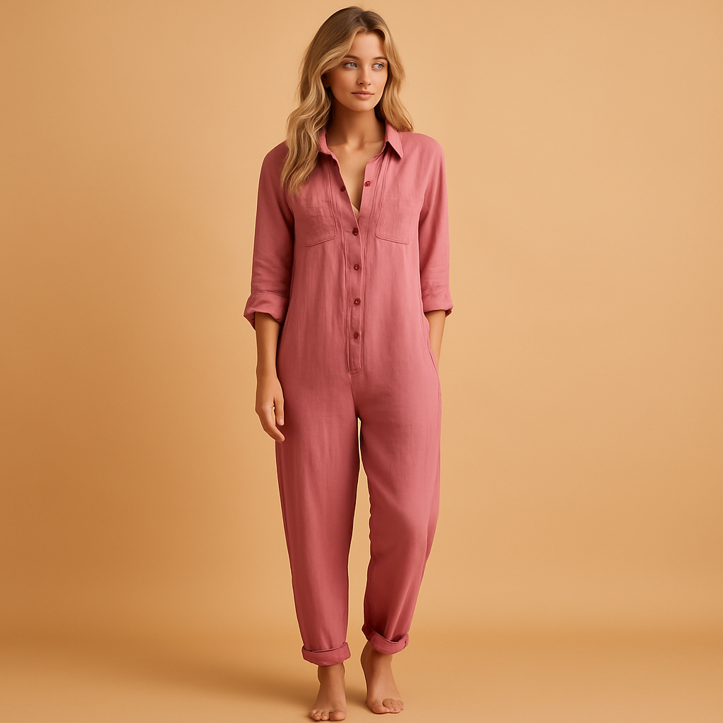 Elegant women’s polo jumpsuit with tailored fit, classic collar, and tapered legs, perfect for work, casual events, or sophisticated everyday looks.