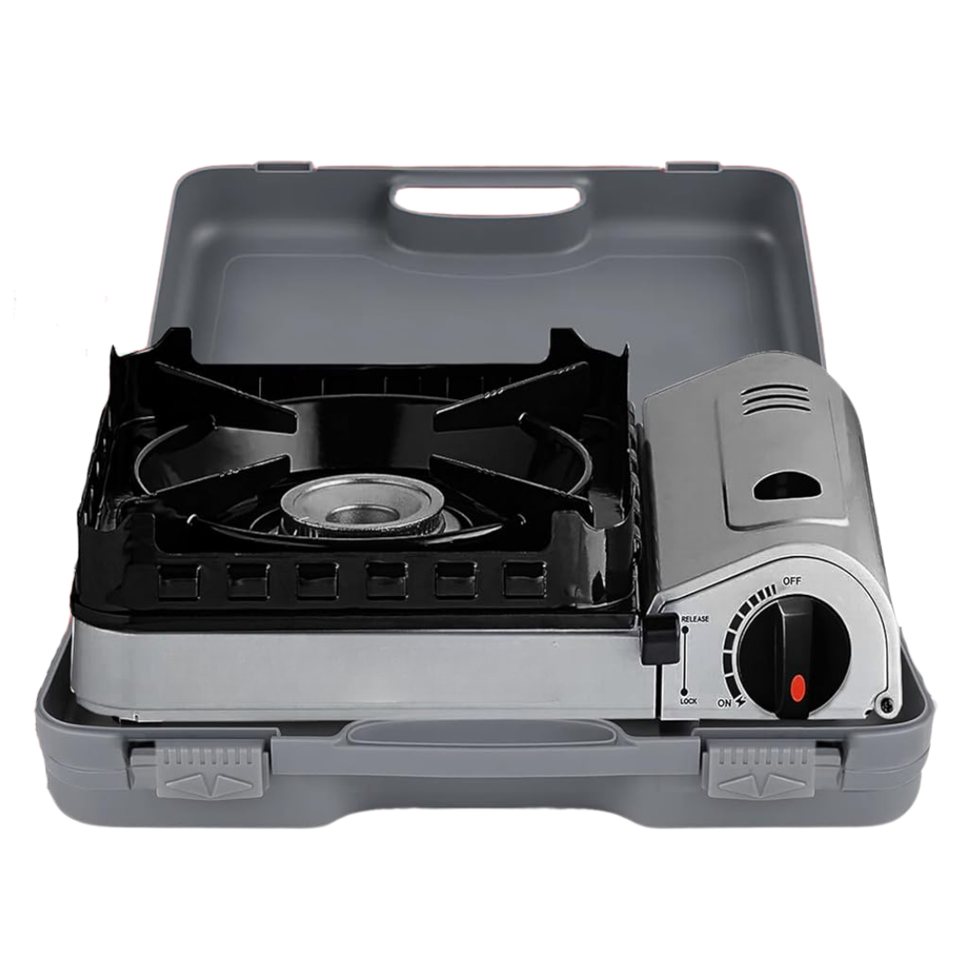 Portable Single-Burner Butane Camp Stove with 4 Fuel Canisters