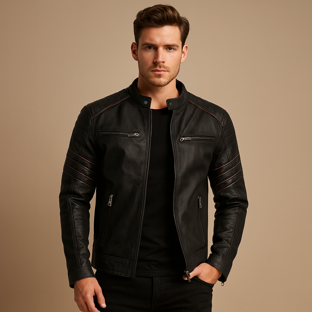 Men’s premium biker jacket with structured fit and weather-resistant design, perfect for motor rides and casual wear in fall or winter.