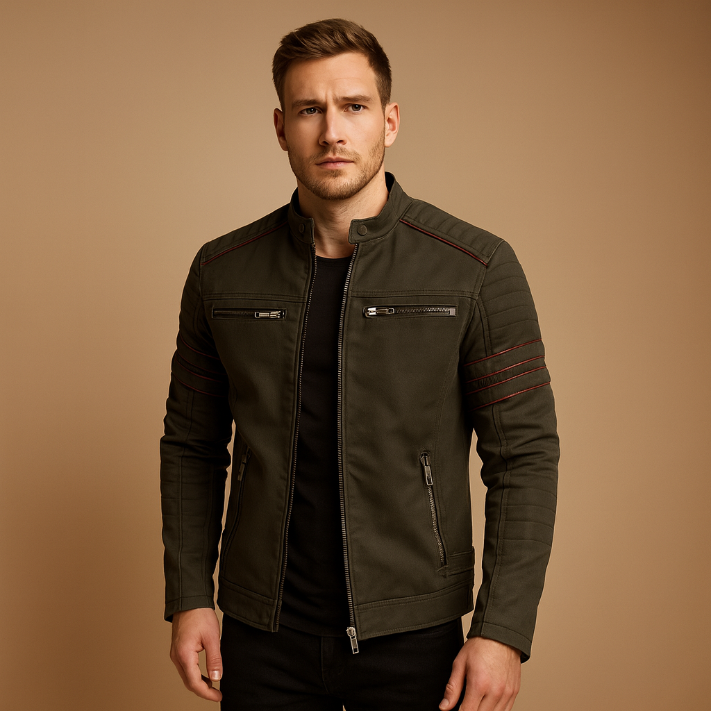 Men’s premium biker jacket with structured fit and weather-resistant design, perfect for motor rides and casual wear in fall or winter.