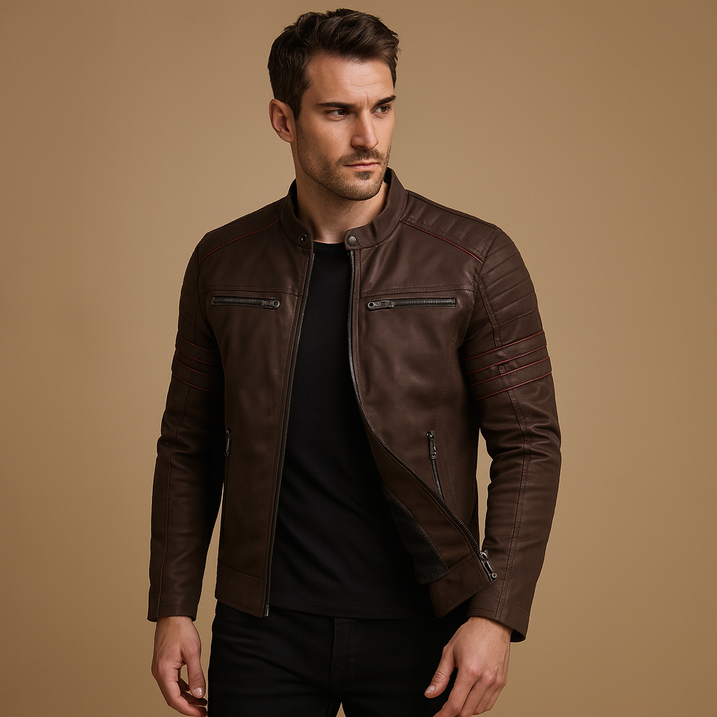 Men’s premium biker jacket with structured fit and weather-resistant design, perfect for motor rides and casual wear in fall or winter.
