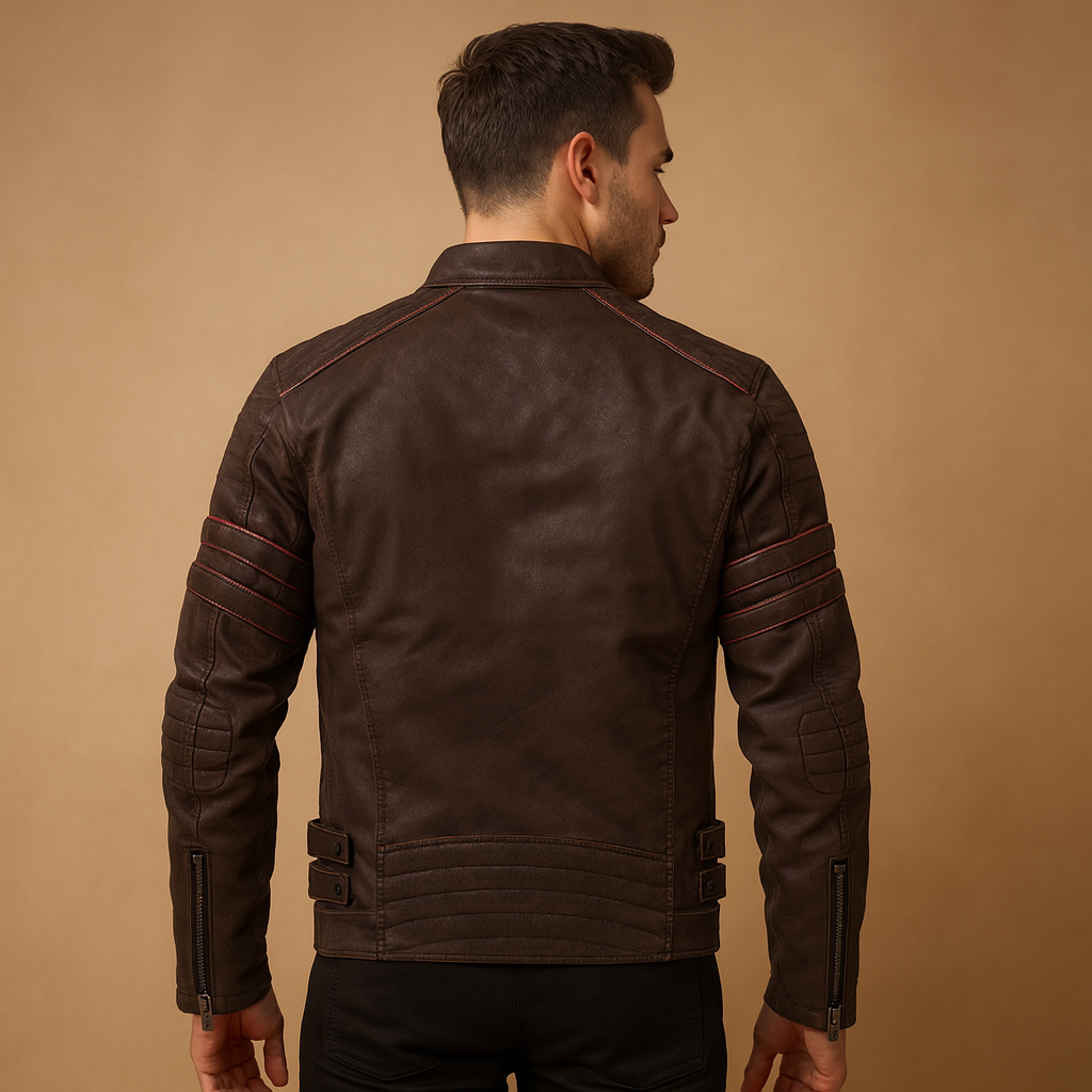 Men’s premium biker jacket with structured fit and weather-resistant design, perfect for motor rides and casual wear in fall or winter.