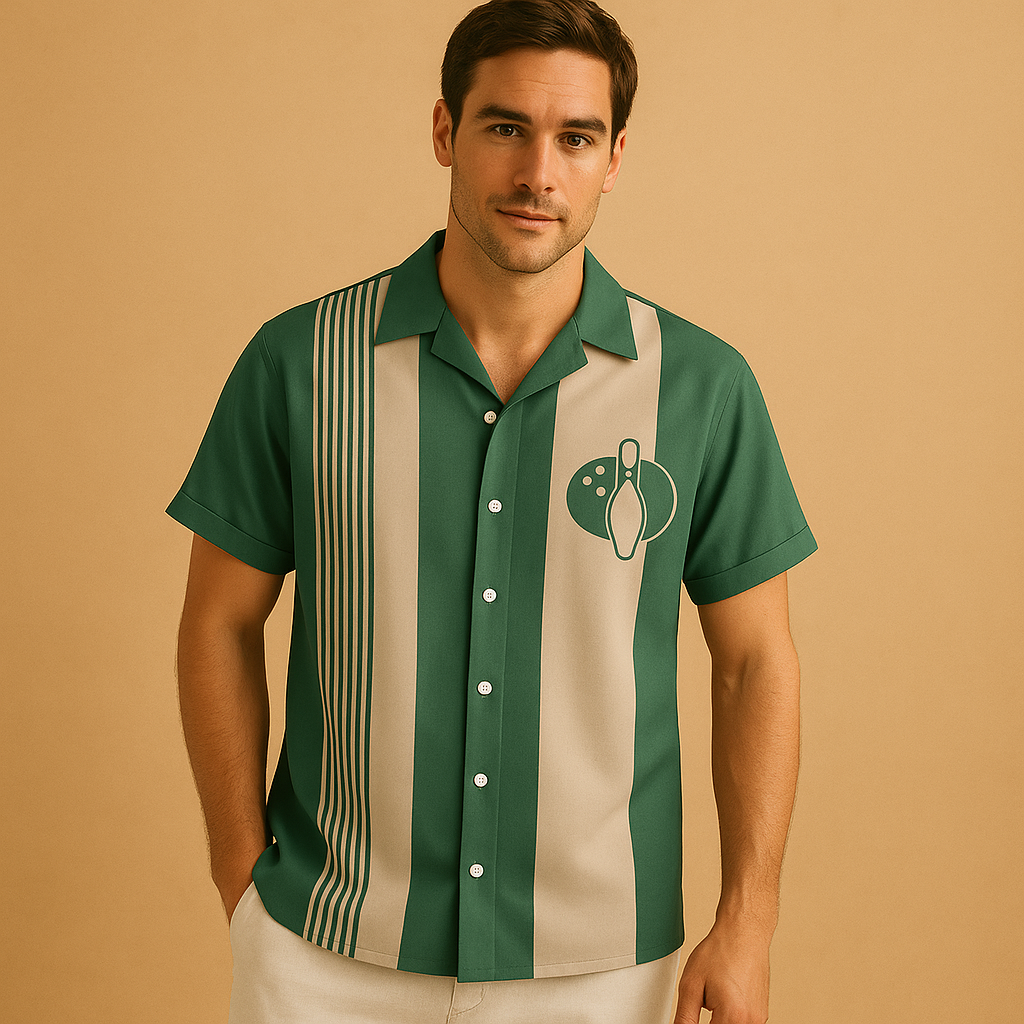 Men’s printed casual polo shirt with a bowling-inspired design, breathable fabric, and classic fit, ideal for casual and sporty occasions.