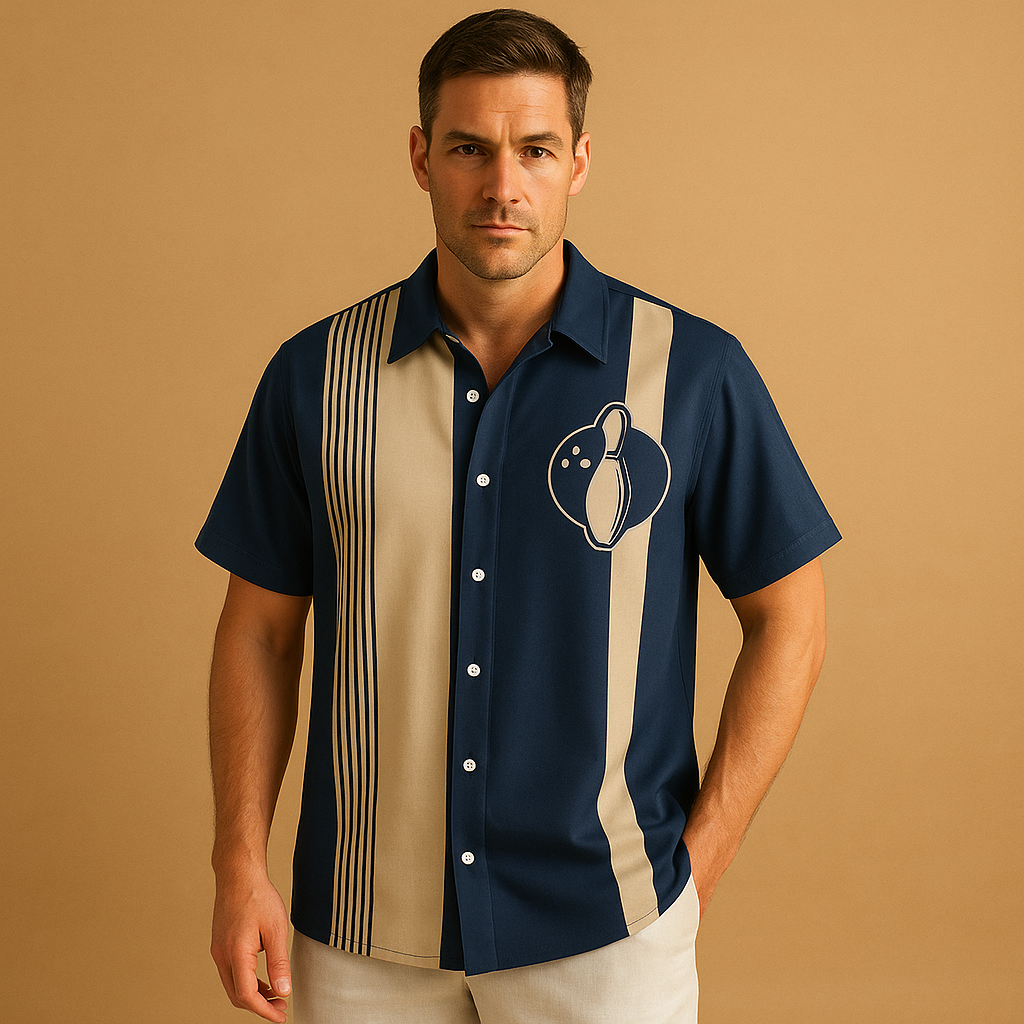 Men’s printed casual polo shirt with a bowling-inspired design, breathable fabric, and classic fit, ideal for casual and sporty occasions.