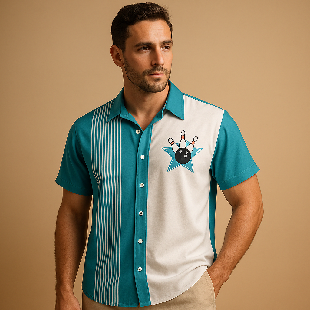 Men’s printed casual polo shirt with a bowling-inspired design, breathable fabric, and classic fit, ideal for casual and sporty occasions.