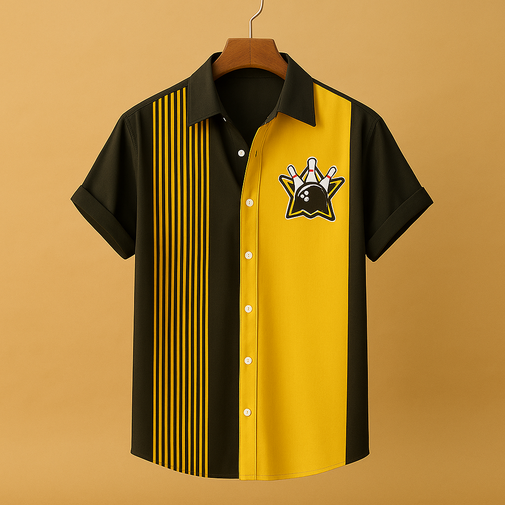 Men’s printed casual polo shirt with a bowling-inspired design, breathable fabric, and classic fit, ideal for casual and sporty occasions.