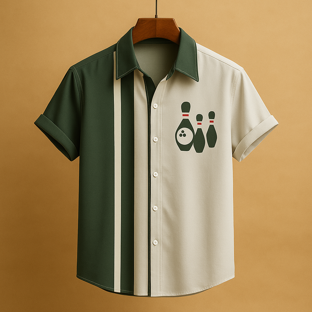 Men’s printed casual polo shirt with a bowling-inspired design, breathable fabric, and classic fit, ideal for casual and sporty occasions.