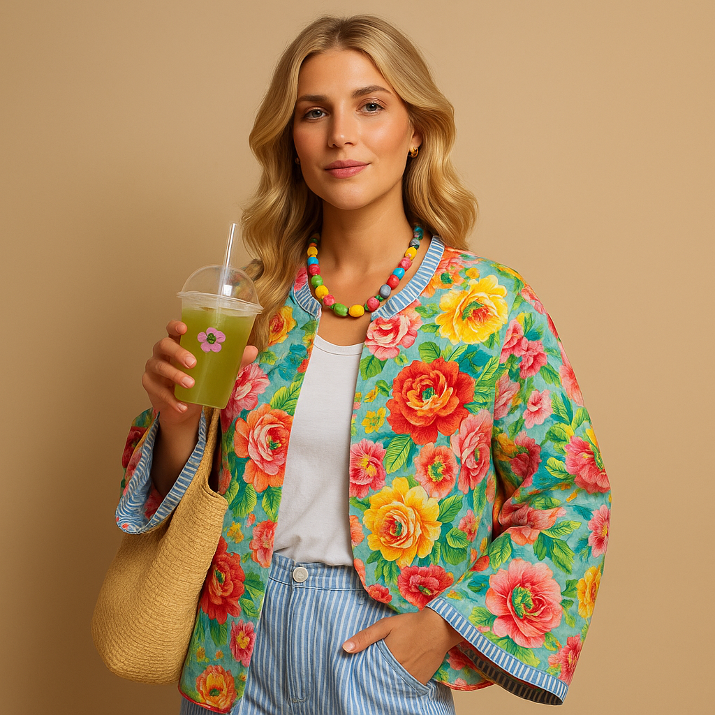 Women’s printed cotton jacket with slim-fit design, breathable fabric, and classic button closure in stylish multicolor tones.
