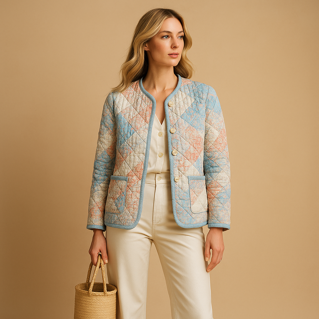 Women’s printed cotton jacket with slim-fit design, breathable fabric, and classic button closure in stylish multicolor tones.