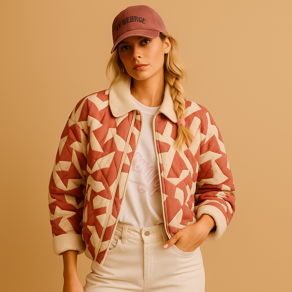 Women’s printed cotton jacket with slim-fit design, breathable fabric, and classic button closure in stylish multicolor tones.