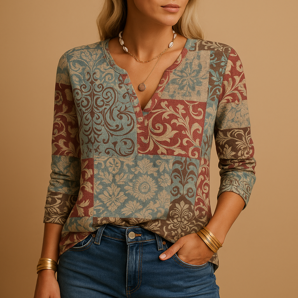 Women’s printed long sleeve top with patchwork and striped design, made from soft cotton blend, ideal for casual or office wear.
