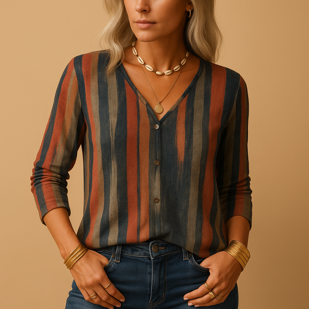 Women’s printed long sleeve top with patchwork and striped design, made from soft cotton blend, ideal for casual or office wear.