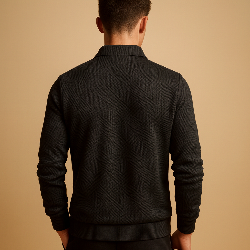 Men’s quarter zip polo sweater with geometric design in black, khaki, gray, navy blue, and white, perfect for casual and smart outfits in autumn and winter.