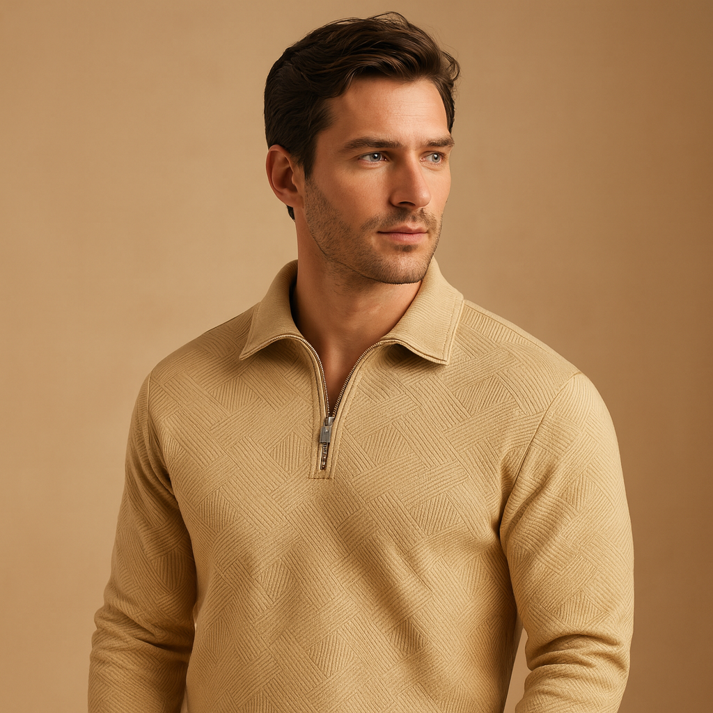 Men’s quarter zip polo sweater with geometric design in black, khaki, gray, navy blue, and white, perfect for casual and smart outfits in autumn and winter.