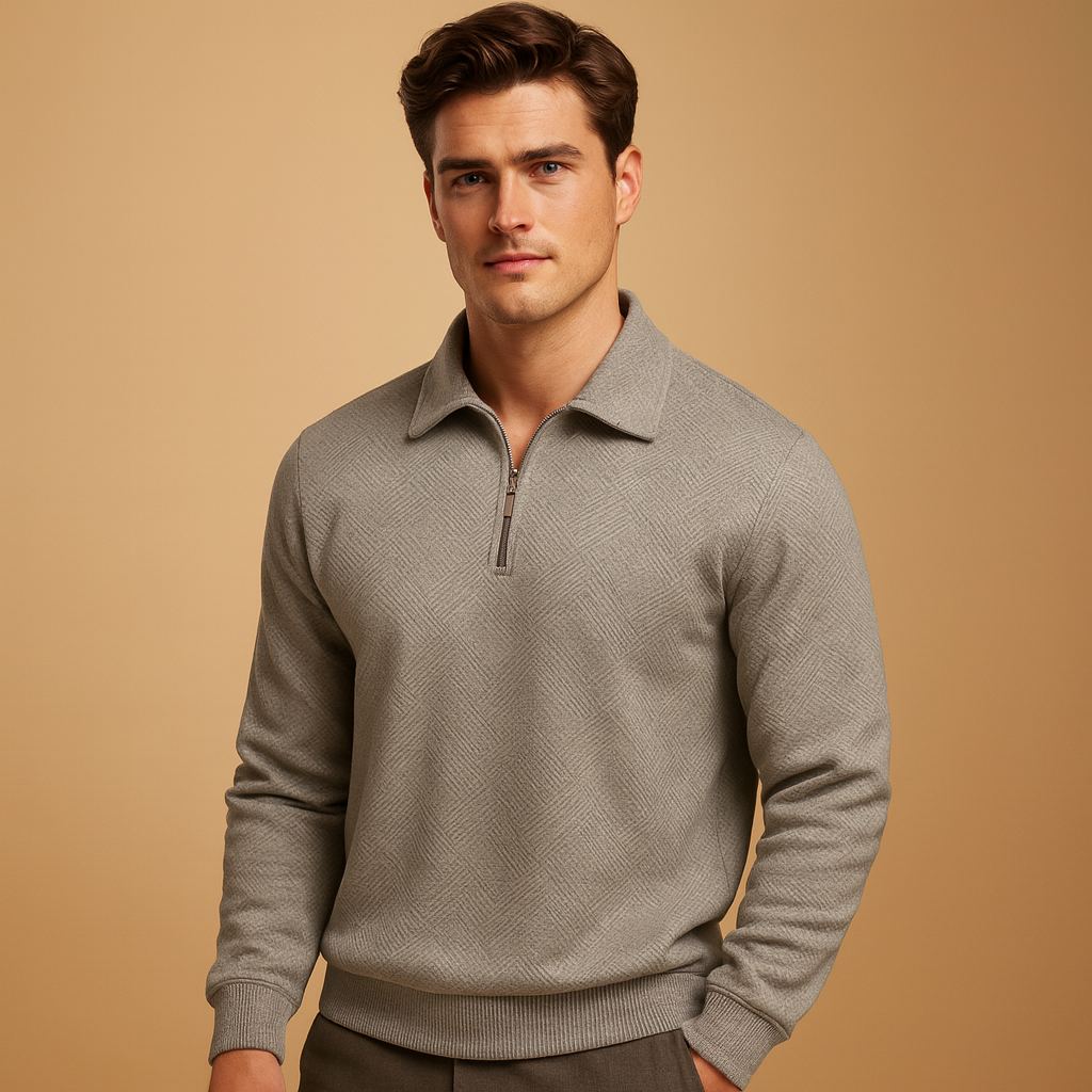 Men’s quarter zip polo sweater with geometric design in black, khaki, gray, navy blue, and white, perfect for casual and smart outfits in autumn and winter.