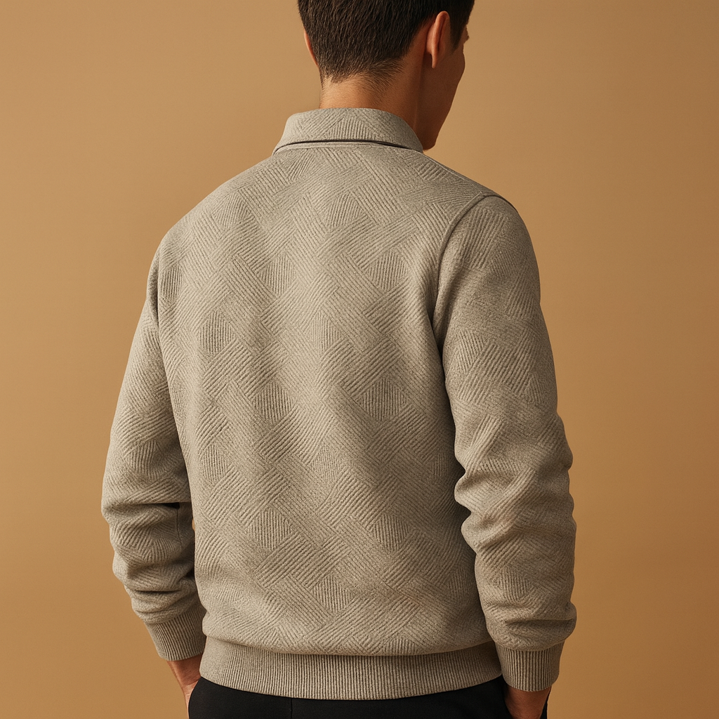 Men’s quarter zip polo sweater with geometric design in black, khaki, gray, navy blue, and white, perfect for casual and smart outfits in autumn and winter.