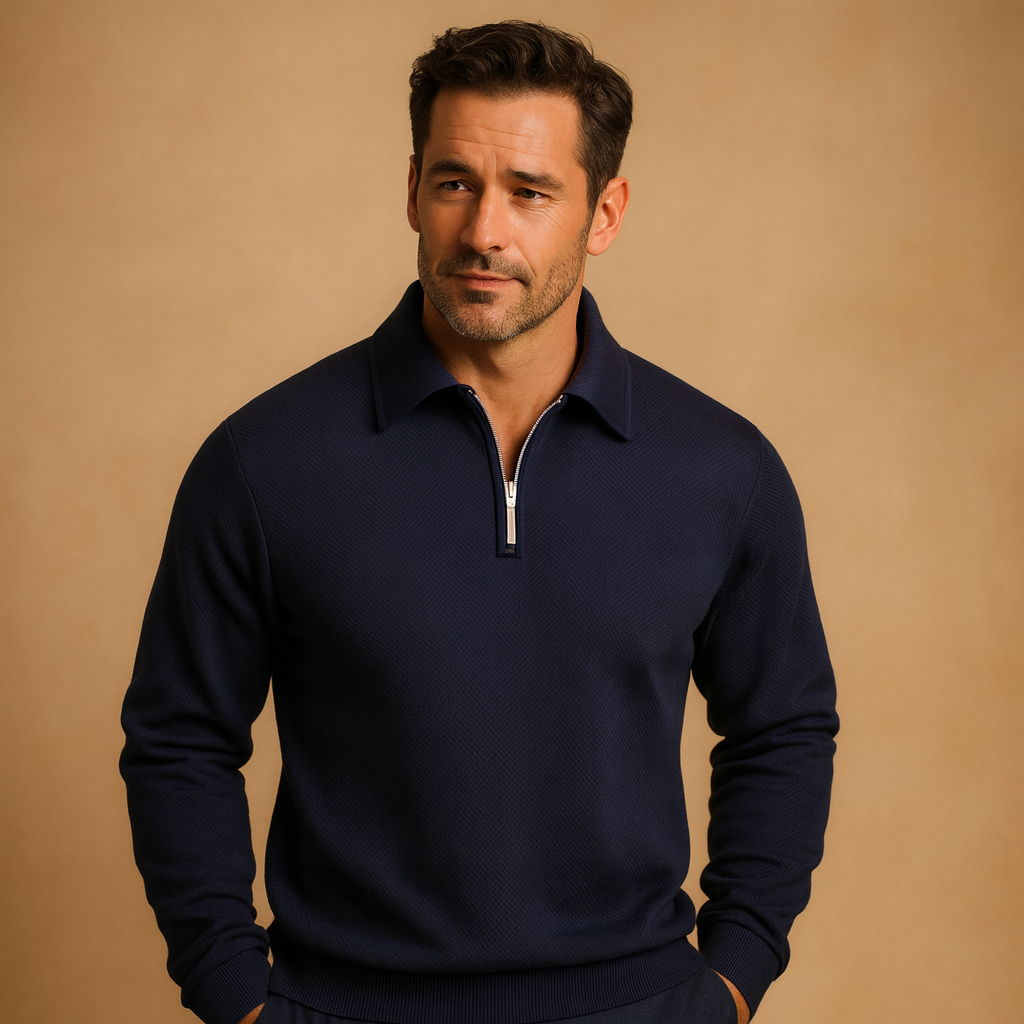 Men’s quarter zip polo sweater with geometric design in black, khaki, gray, navy blue, and white, perfect for casual and smart outfits in autumn and winter.