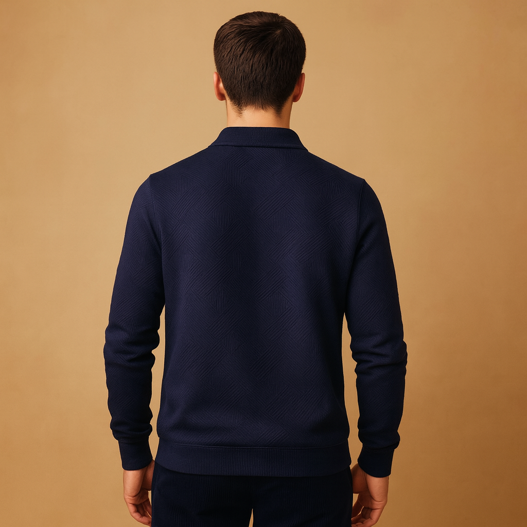 Men’s quarter zip polo sweater with geometric design in black, khaki, gray, navy blue, and white, perfect for casual and smart outfits in autumn and winter.