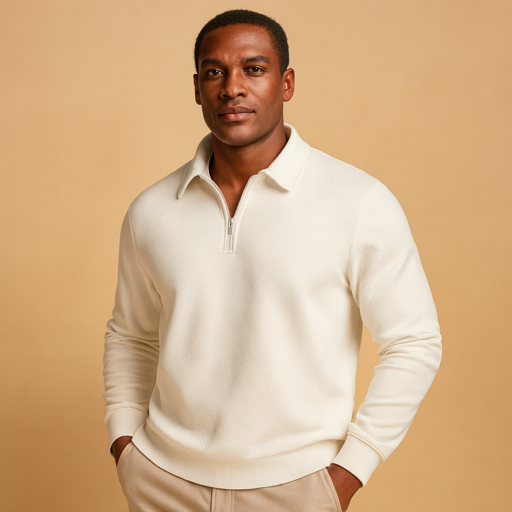 Men’s quarter zip polo sweater with geometric design in black, khaki, gray, navy blue, and white, perfect for casual and smart outfits in autumn and winter.