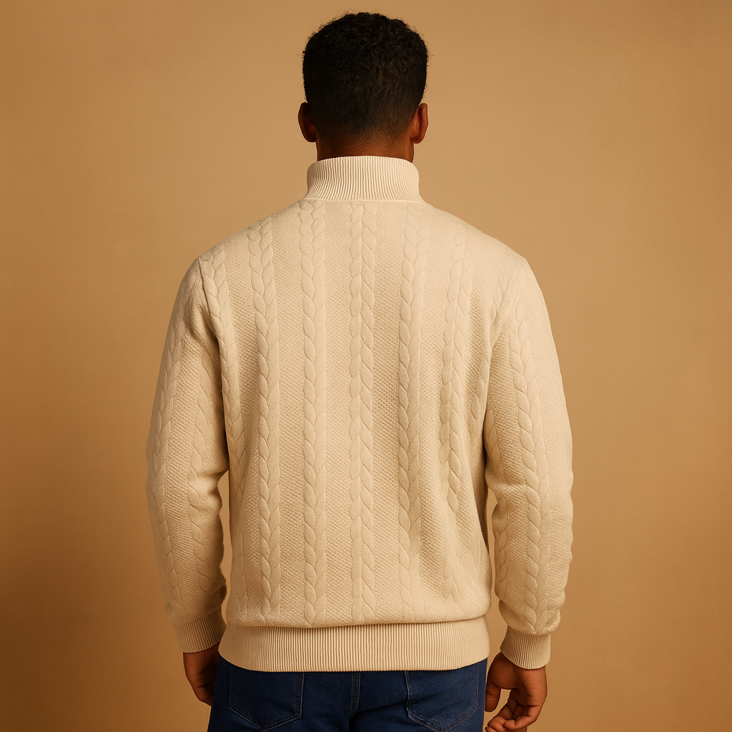 Men’s quarter zip pullover with subtle woven pattern in beige, gray, blue, black, and white, perfect for casual or semi-formal wear in autumn and winter.