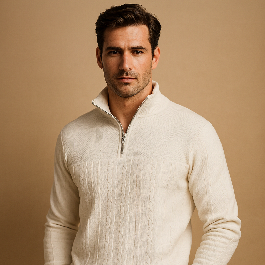 Men’s quarter zip pullover with subtle woven pattern in beige, gray, blue, black, and white, perfect for casual or semi-formal wear in autumn and winter.