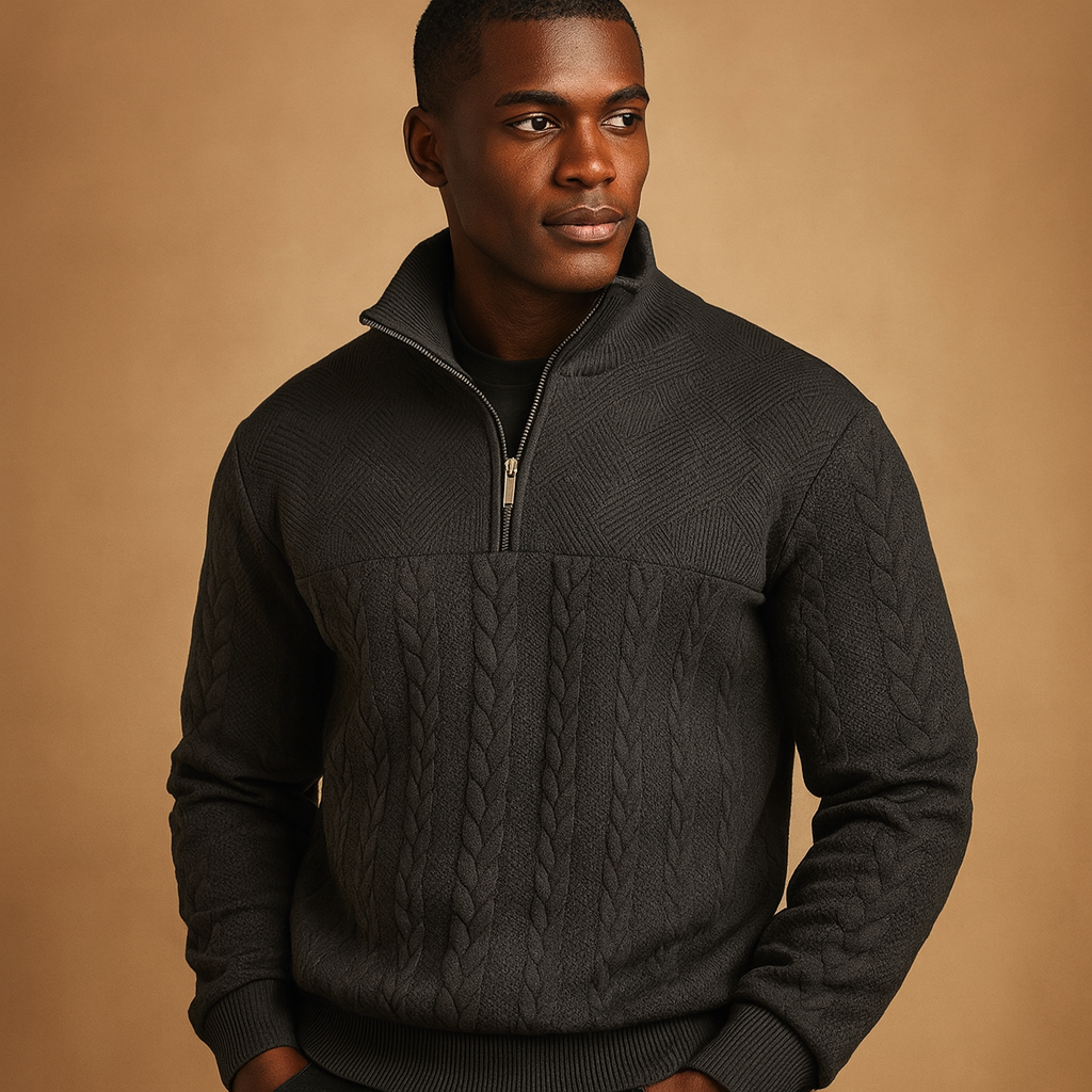Men’s quarter zip pullover with subtle woven pattern in beige, gray, blue, black, and white, perfect for casual or semi-formal wear in autumn and winter.